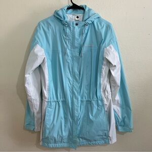 Women’s Columbia Arcadi II Rain Jacket Aqua Haze and White Color Size Large